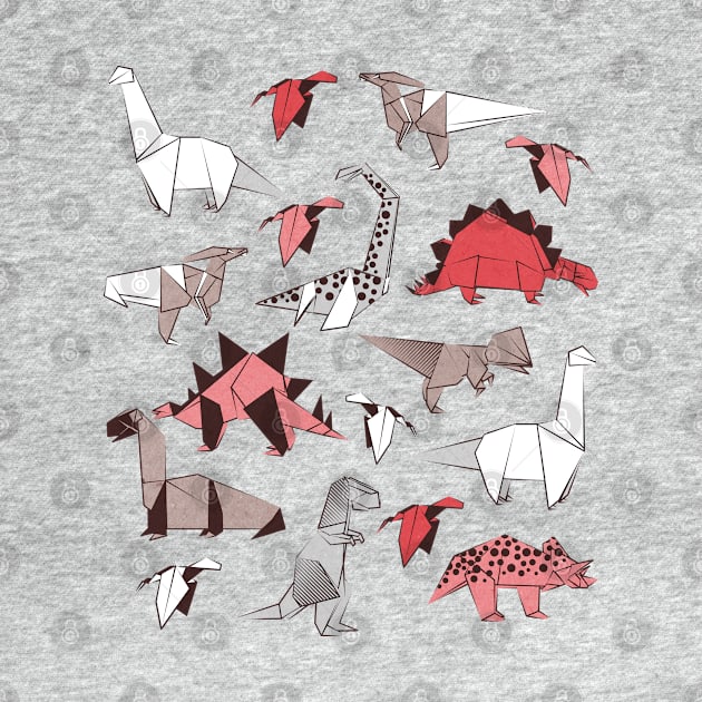 Origami dino friends // print // red white and beige dinosaurs by SelmaCardoso